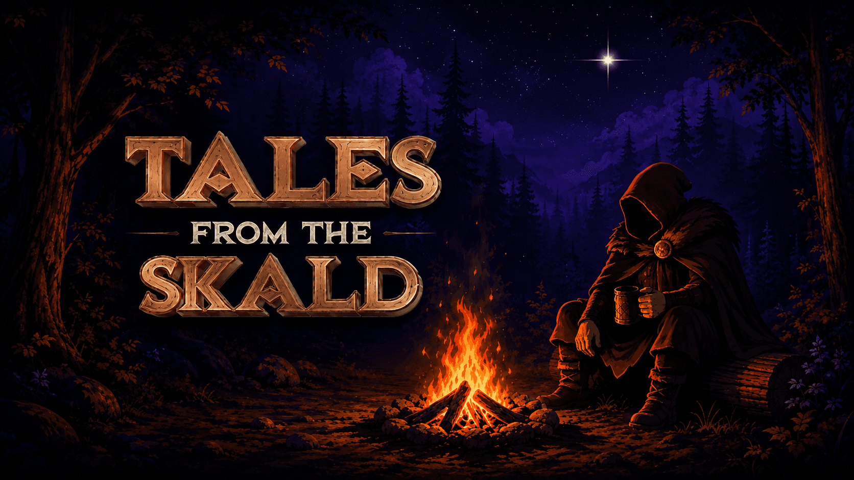 Tales from the Skald — a hooded storyteller sits by a campfire in a dark forest at night